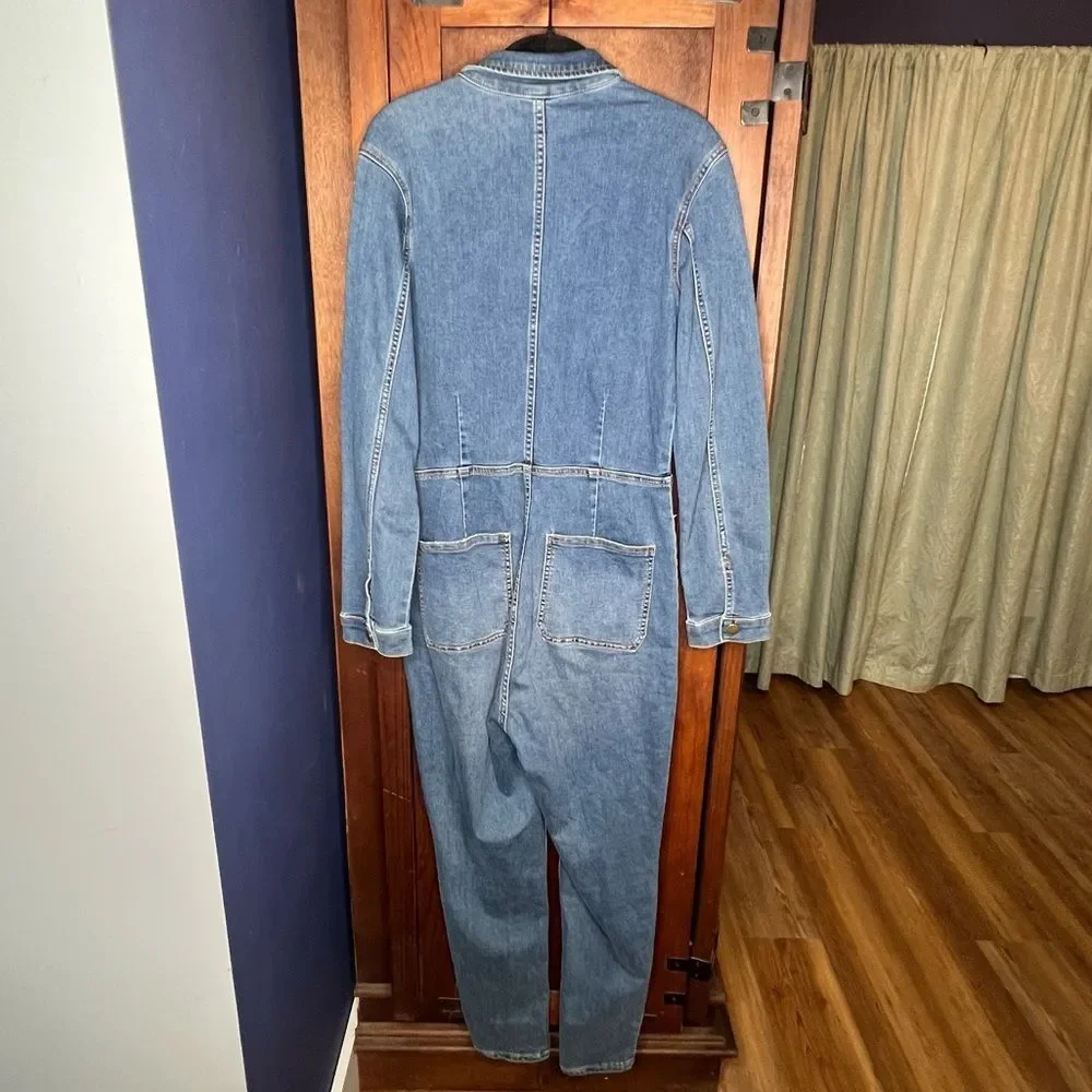 Free People Lennox Blue Denim Coverall Jumpsuit Zip Front Utility Fitted M